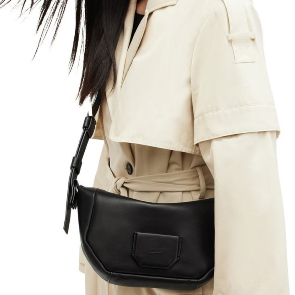 AllSaints Black Leather Crossbody Bag with Gold Zip